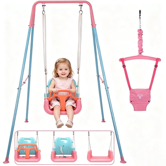 2-in-1 Toddler Swing and Jumper with Frame, Foldable Baby Swing Set, Indoor Outdoor Toddler Playset, Pink