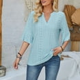 thumbnail image 5 of JGGSPWM Women's Casual Hollow Lace Detailing Lovely Tops Short Sleeve V-Neck Solid Blouse Bell Sleeves Shirts Blue XL, 5 of 6