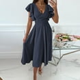 thumbnail image 4 of Fjuchai Women's Chiffon Dresses Short Sleeve V Neck Casual Ruffle Swing Dress S-XXL, 4 of 8