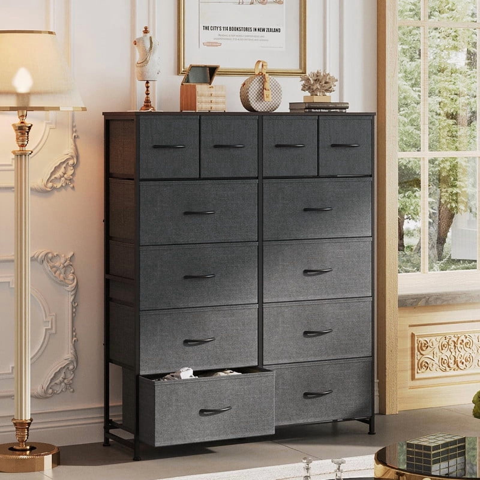 Kelno 12 Drawer Fabric Dresser Storage Tower Sturdy Steel Frame Wood Top Organizer, Gray