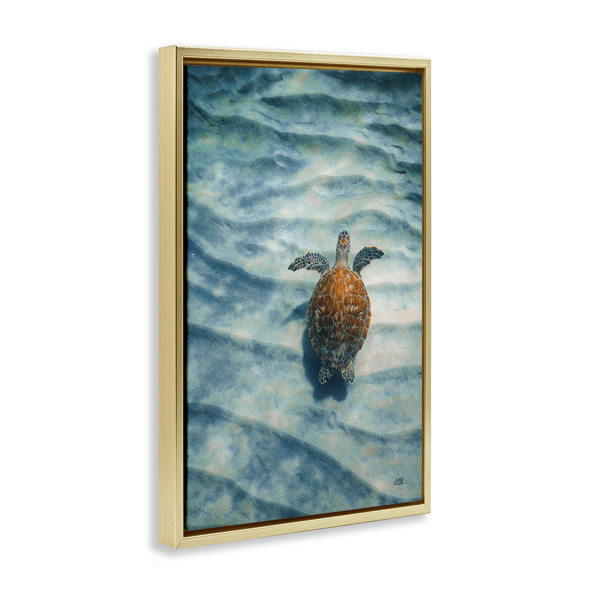 Stupell Industries Turtle Along Rippling Sand Animals Photography Gold Floater Framed Canvas Art Print Wall Art, 21 x 31