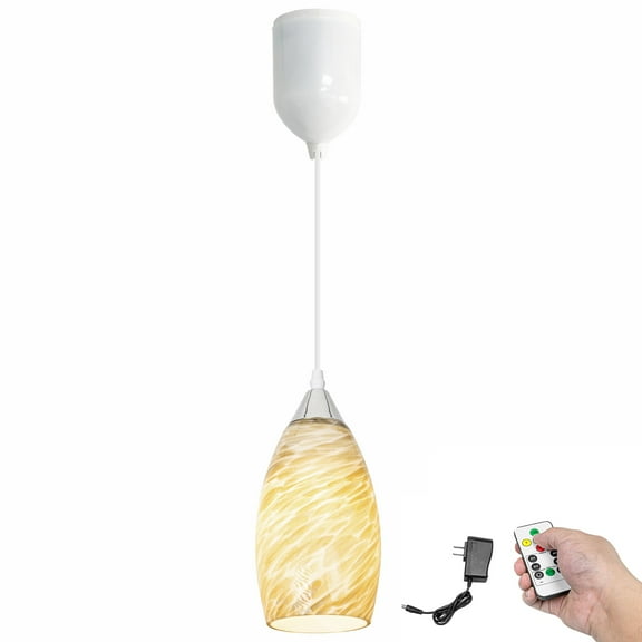 Kiven Battery Operated Pendant Light with Remote Control,1-Light Rechargeable Hanging Pendant Light Adjustable Height with Art Glass Globe for Bedroom Kitchen Bar Living Room TB3232-F