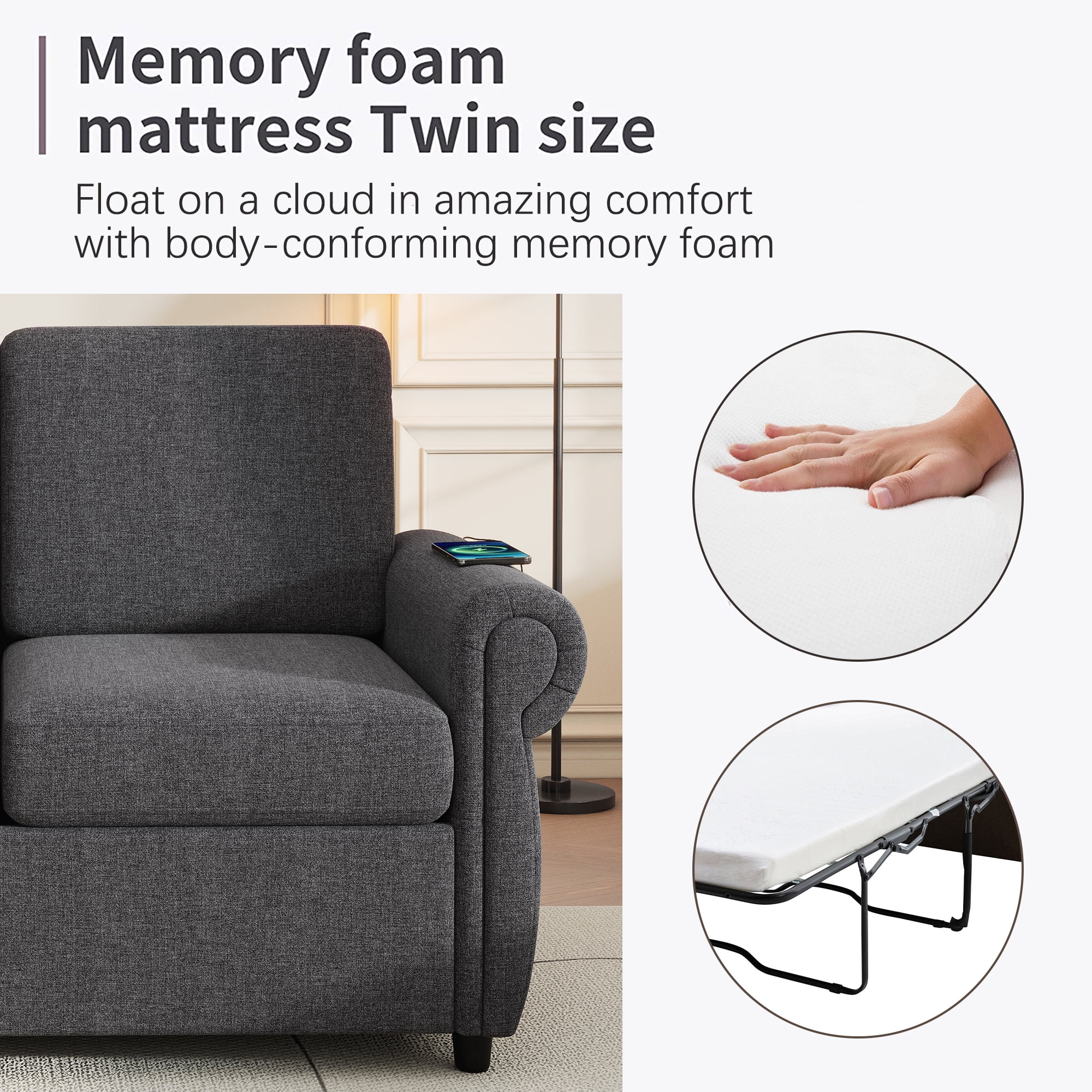 Harper & Bright Designs Pull Out Couch Bed with Memory Mattress, Twin Size Convertible Sofa Bed with USB Ports, Loveseat Sleeper for Living Room Apartment, Grey