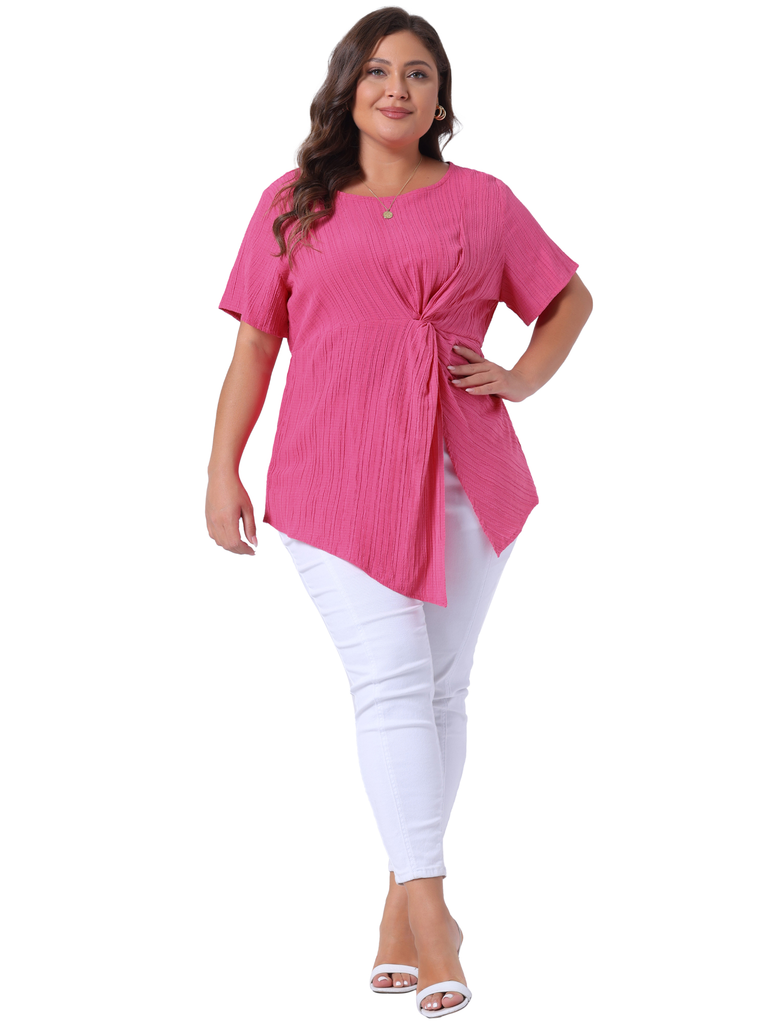 DARING DIVA Women's Plus Round Neck Asymmetrical Hem Twist Knot Top 3X Rose Red