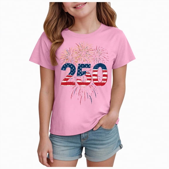 kpoplk Girls Summer Patriotic Shirts 250Th America Anniversary T-Shirt USA Flag Print Tee Casual Tops(Pink,9-10 Y)