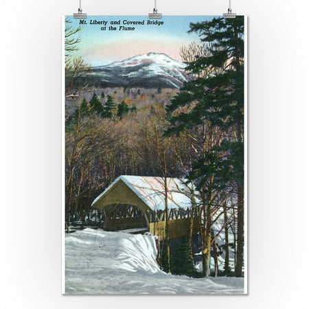 White Mountains, NH - Covered Bridge at Flume in Winter, Mt Liberty in Distance (24x36 Giclee Gallery Print, Wall Decor Travel