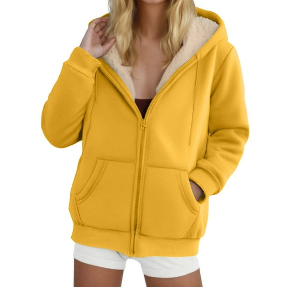 Dwralegc Fleece Jacket Women Thermal Zip Up Sherpa Lined Hoodie Casual Long Sleeve Clothing Thick Fall Winter Hoodies with Pockets Yellow 2XL