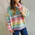 thumbnail image 5 of SCSAlgin Womens Rainbow Striped Sweater Crewneck Long Lantern Sleeve Cable Knit Pullover Jumper Tops, 5 of 7