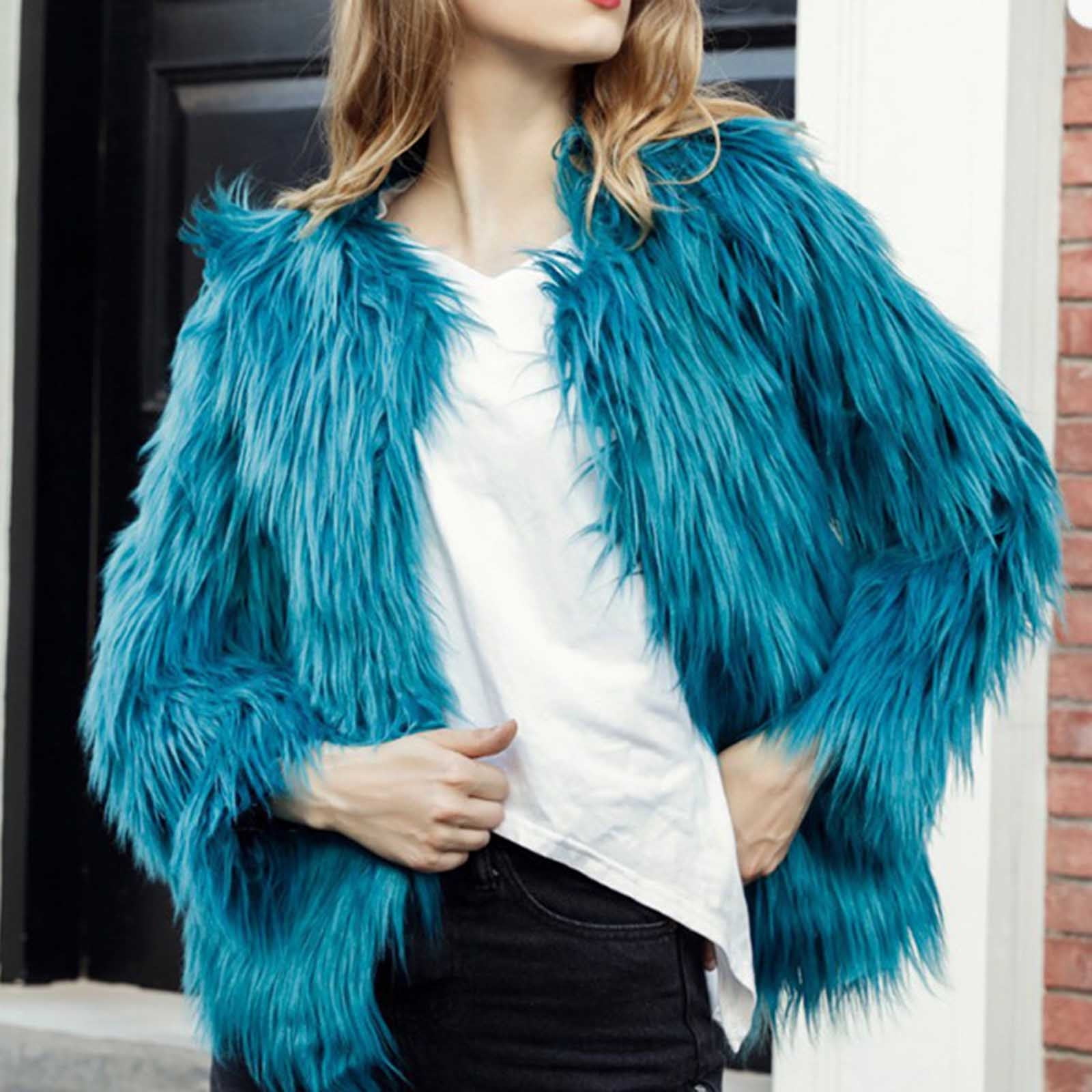 Sinpiling Womens Faux-Fur Coats Plus Size XS-4X Long Sleeve V Neck Zipper Up Jackets Ladies Trendy Solid Warm Cropped Outerwear Coat