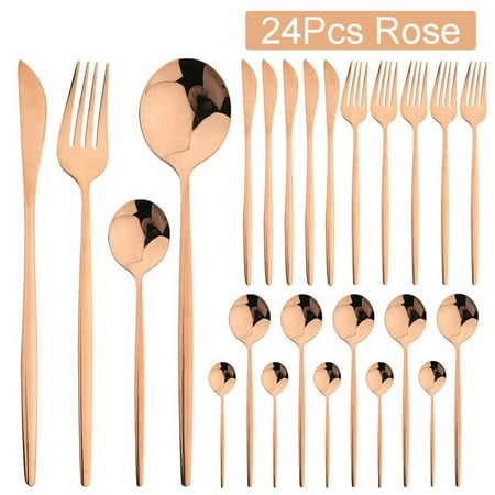 

dosili 24Pcs Tableware Set Stainless Steel Dinnerware Knife Fork Spoon Dinner Flatware Kitchen Gift Western Black Gold Cutlery Set