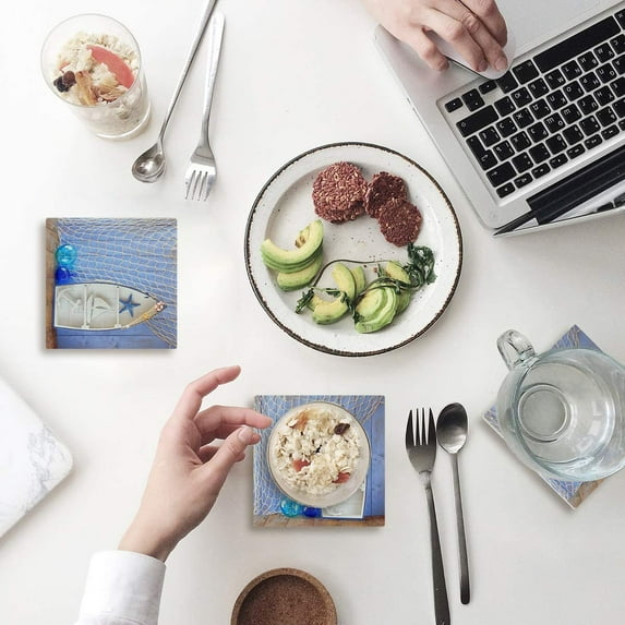 FMSHPON Nautical Theme White Boat Starfish Ocean Anchor Set of 8 Coaster for Drinks, Absorbent Ceramic Stone Coasters Cup Mat with Cork Base for Home Kitchen Room Coffee Table Bar Decor