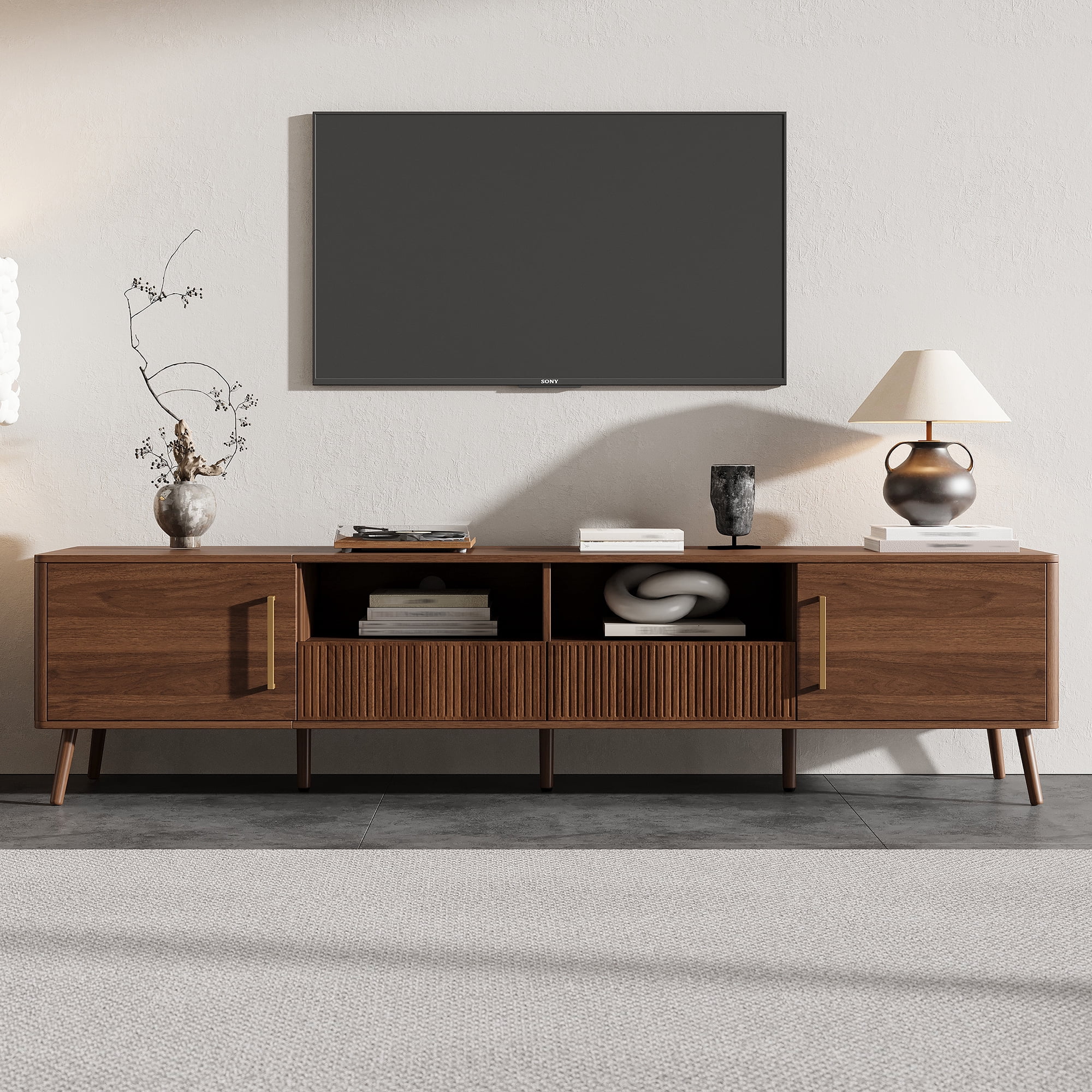 TV Stand for TVs up to 85 Inch, Entertainment Center with Fluted Drawers & 2 Cabinets, Media Console with Solid Wood Legs for Living Room