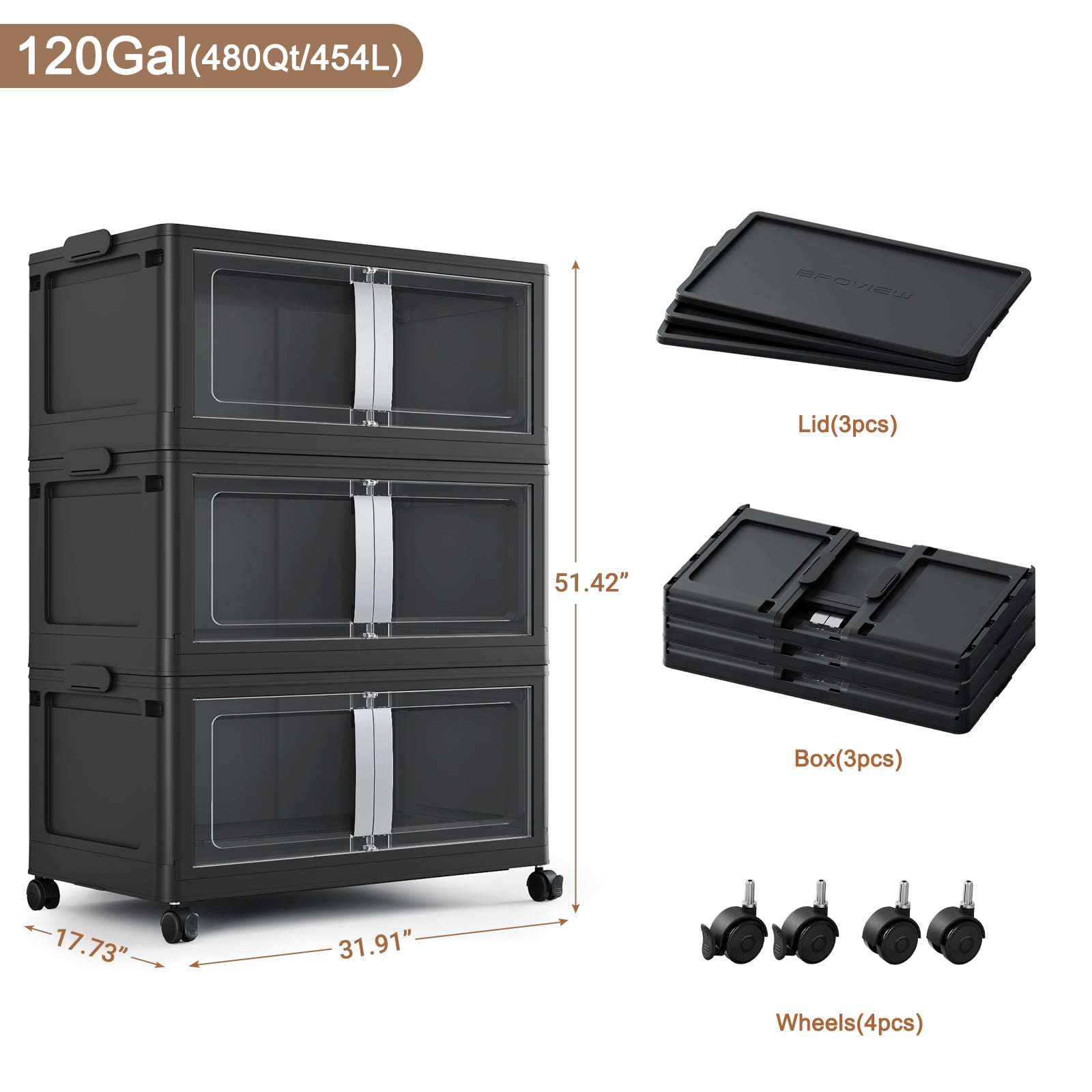 Broview 120Gal Extra Large Stackable Storage Bins with 3 Lids, 480Qt Collapsible Plastic Storage Box with Clear Doors, Foldable Containers with Drawers, 360° Swivel Wheels, Black, 3Pack V70