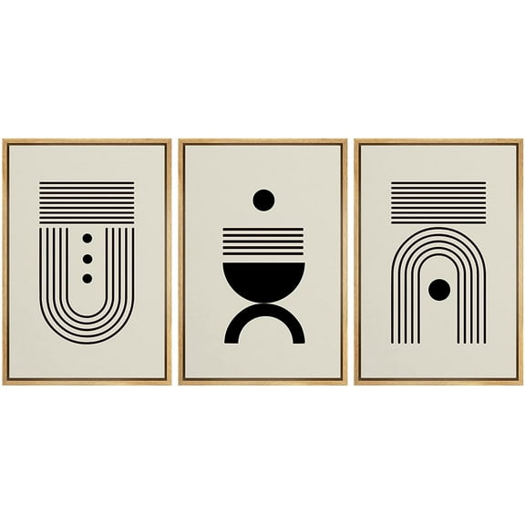 PixonSign Framed Canvas Print Wall Art Set Geometric Black Vintage Polygon Pattern Abstract Shapes Illustrations Modern Art Minimalism Decorative for Living Room, Bedroom, Office - 16"x24"x3 Natural