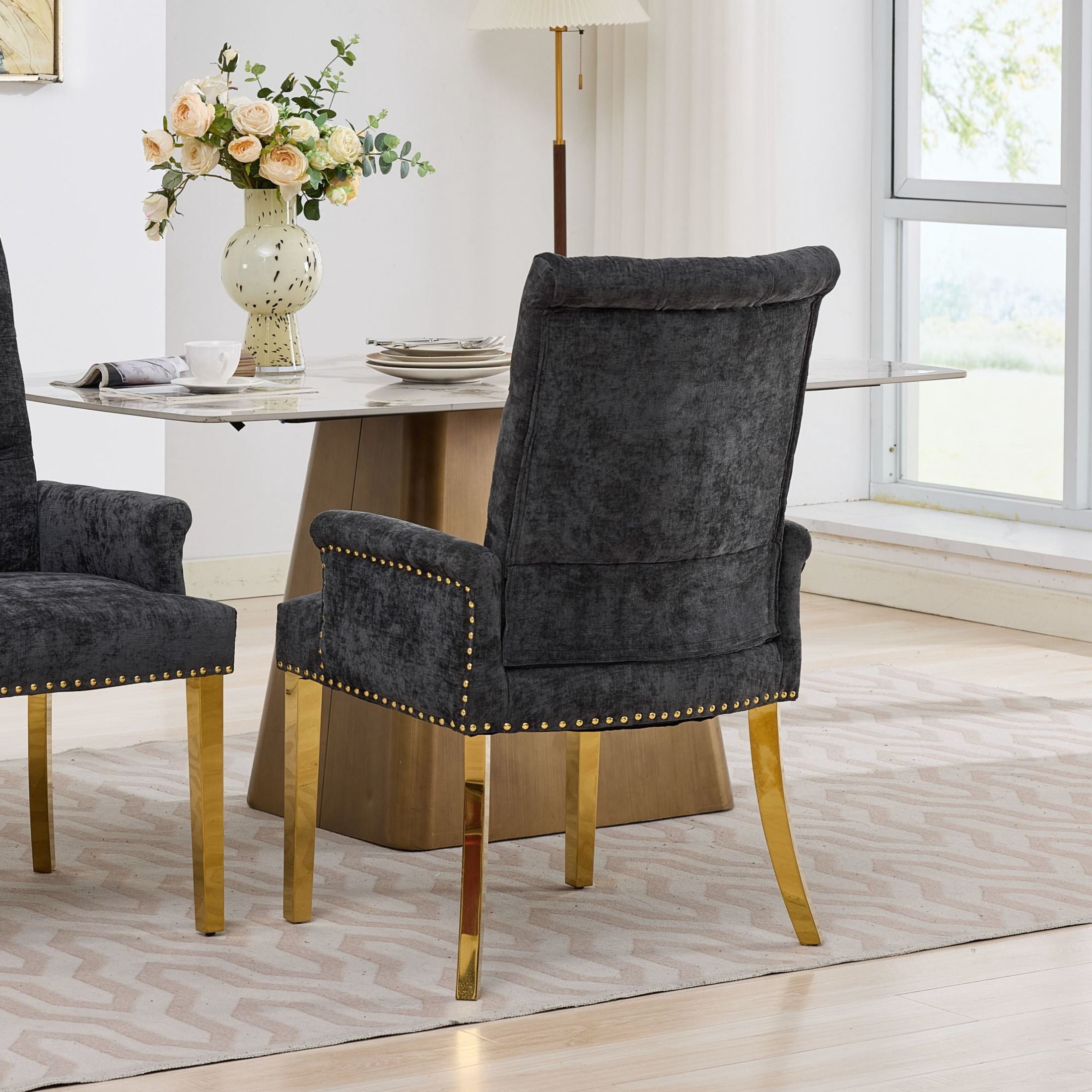 GDF Studio Upholstered Dining Chair with Button-Tufted Back, Nailhead Trim, Stainless Steel Legs, Black