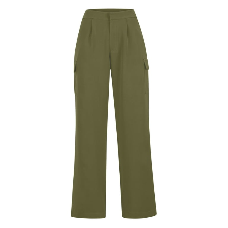 Clearance RYRJJ Women's Wide Leg Cargo Pants High Waist Work Trousers Baggy  Business Casual Office Dress Pants with Pockets(Army Green,M) 
