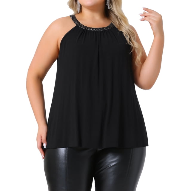 GRACE & GRANDEUR Blusas de Tirantes para Mujeres en Talla Grande, Cuello Alto Brillante, Sin Mangas, Abertura en la Espalda, Casual de Verano, Flowy Cami 3X Negro