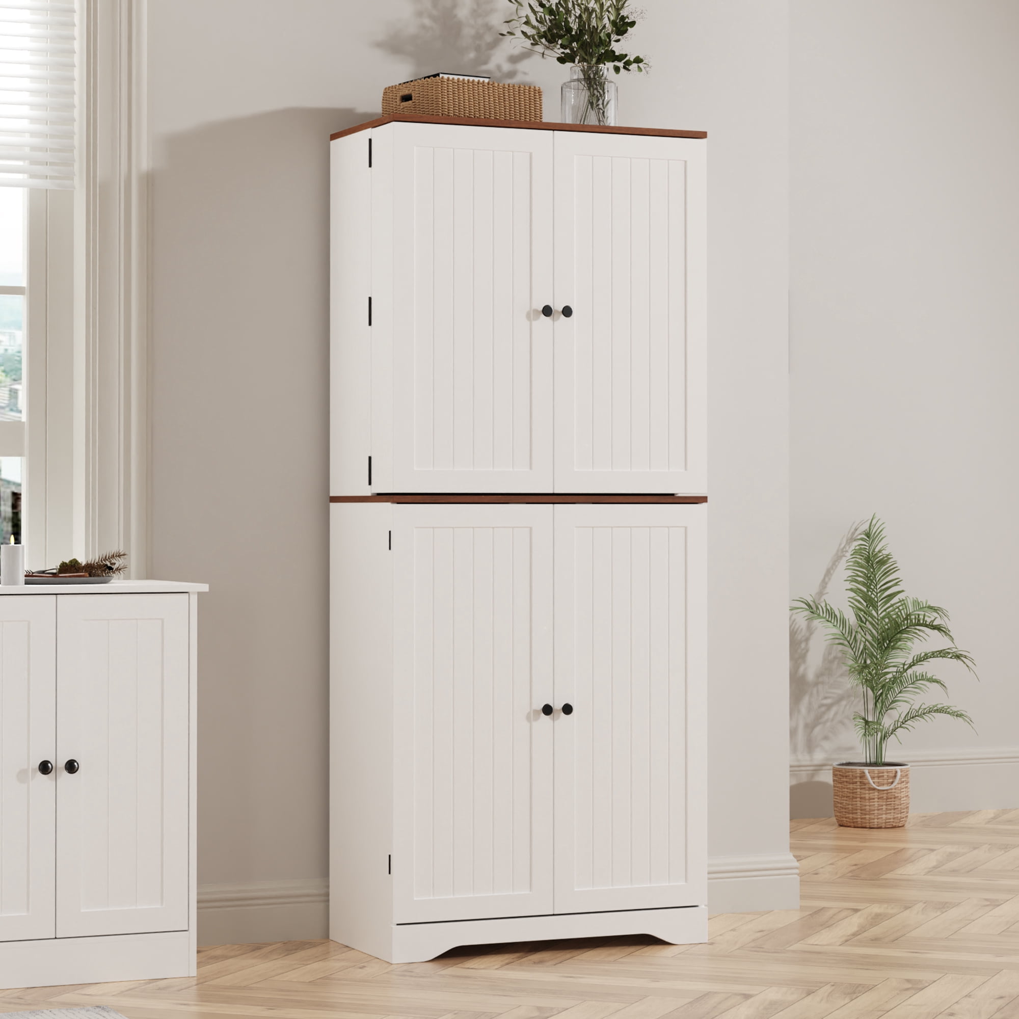 Farmhouse Pantry Storage Cabinet, 72" Tall Kitchen Pantry with Doors Organizer, Freestanding Cupboard with Adjustable Shelves, Rustic Buffet Cabinet for Kitchen, Dining Room, Bathroom, White