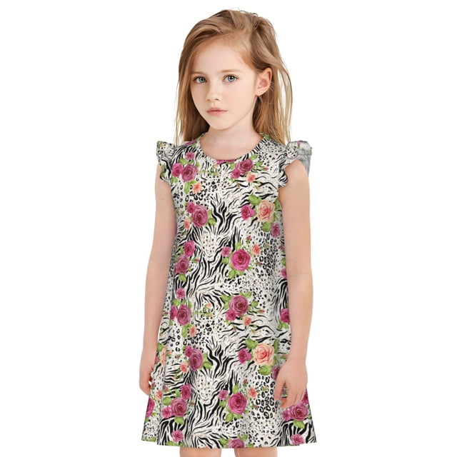 Vsdgher Roses Zèbre Mélangé pour Filles Chemises de Nuit Manches Courtes à Volants Robe de Nuit Pyjama Fête-TTG