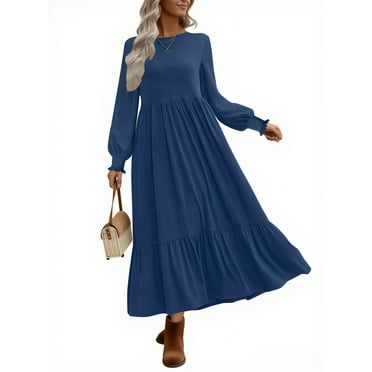 UVN Fall Long Dress for Women Crewneck Casual Long Sleeve Pleated Dresses with Pockets