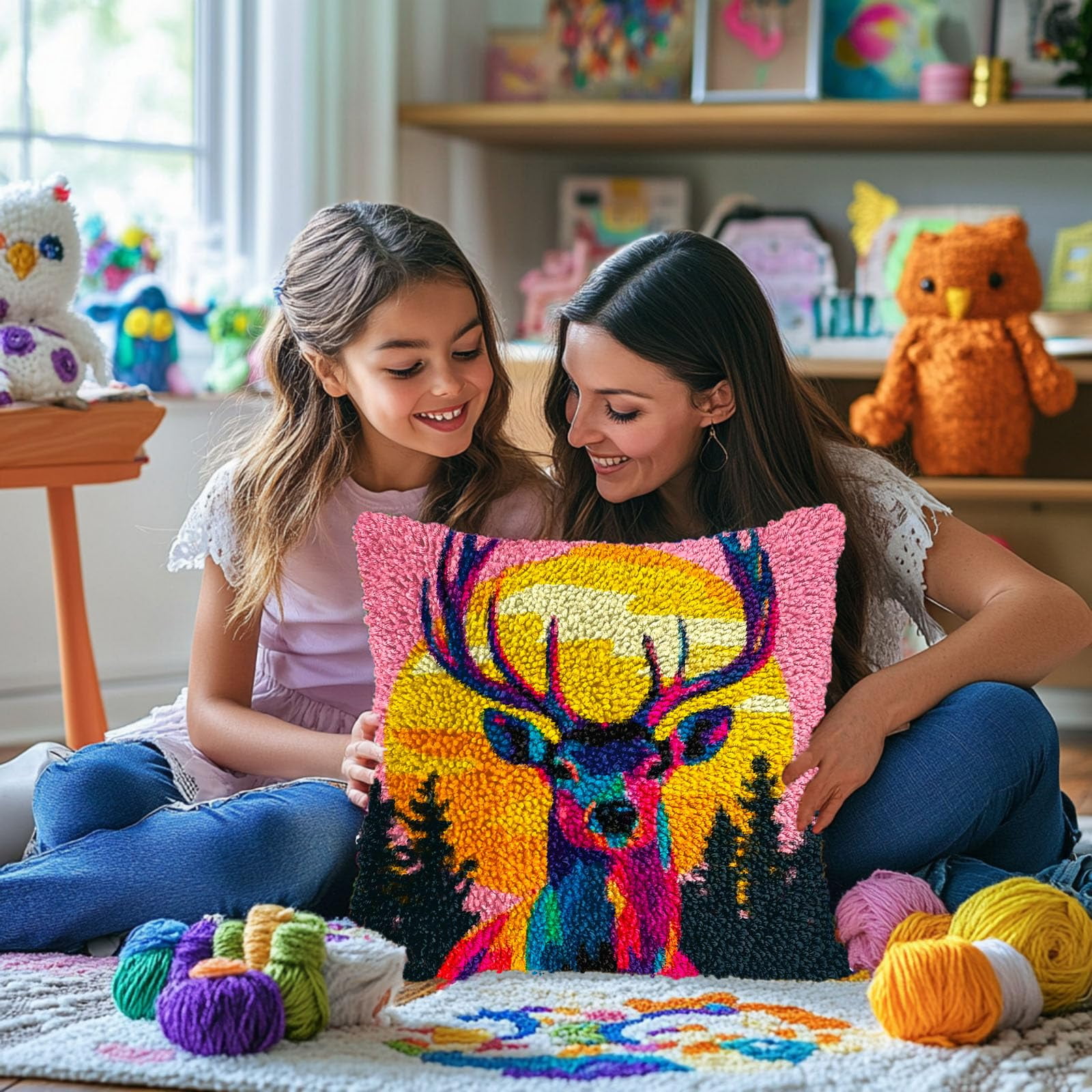 Animal Elk and Sunset Trees DIY Latch Hook Pillow Kits for Adults Printed Pillowcase Crochet Yarns Hooking Handmade Pillow Cover Cushion for Home Sofa Decoration 17x17inch