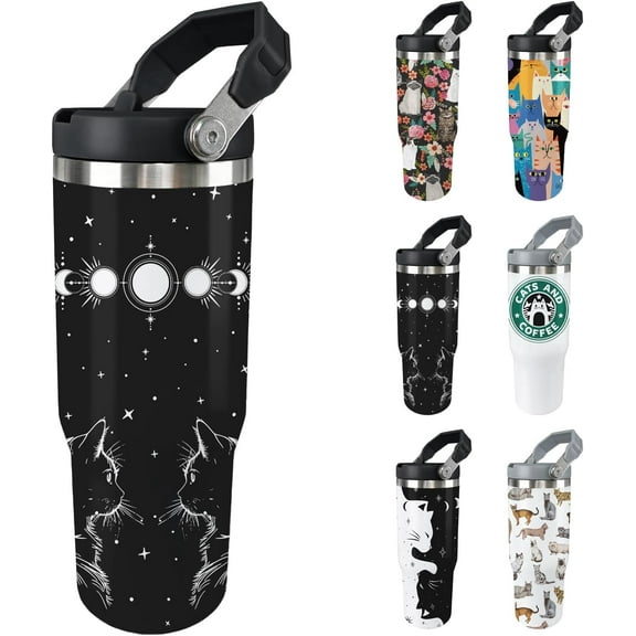 Cat Tumbler with Lid And Straw 30oz Stainless Steel Cute Water Bottle Cup Funny Cat Gifts for Women