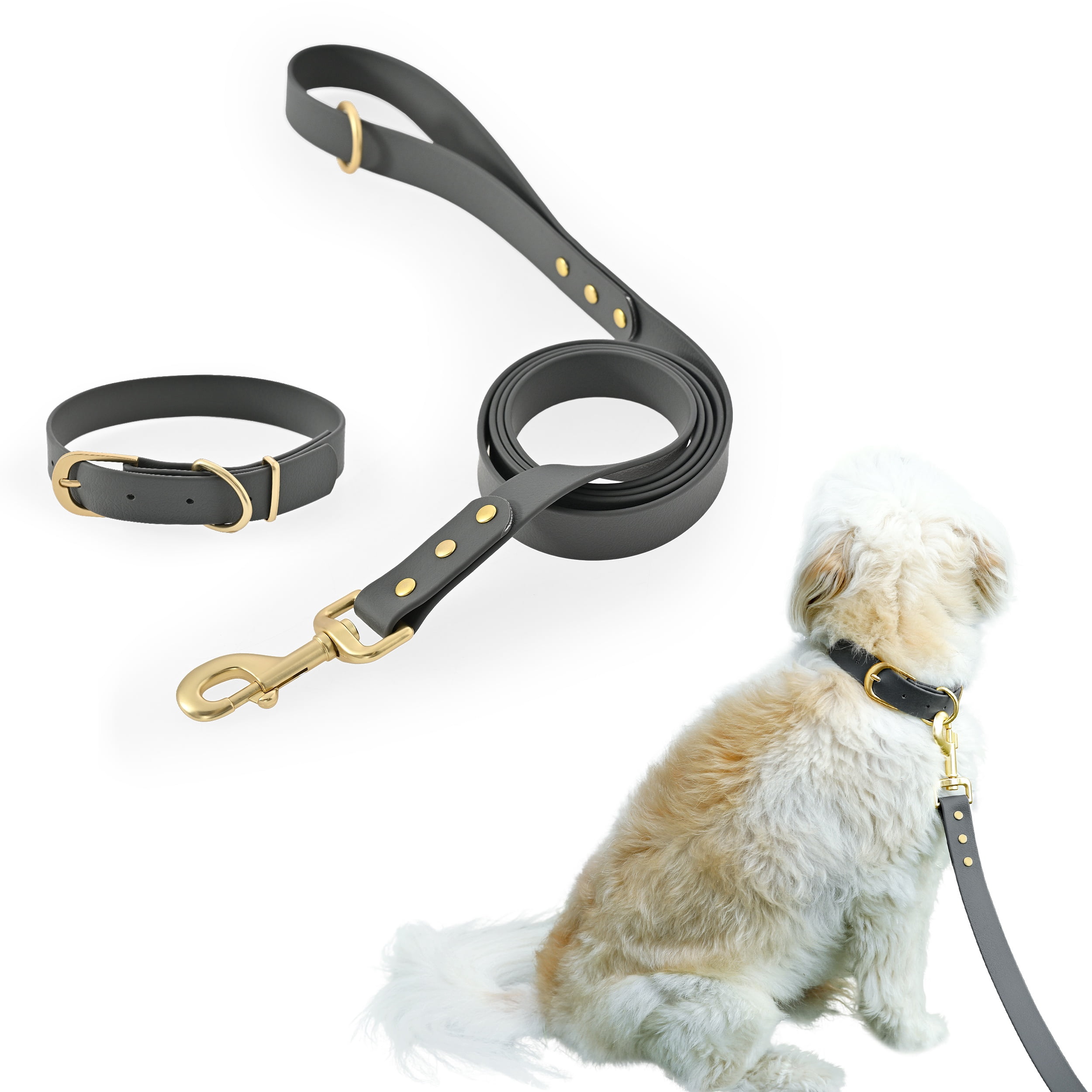Max & Marlow Waterproof TPU Coated Dog Collar and 5 ft Leash Set, Gray, Small