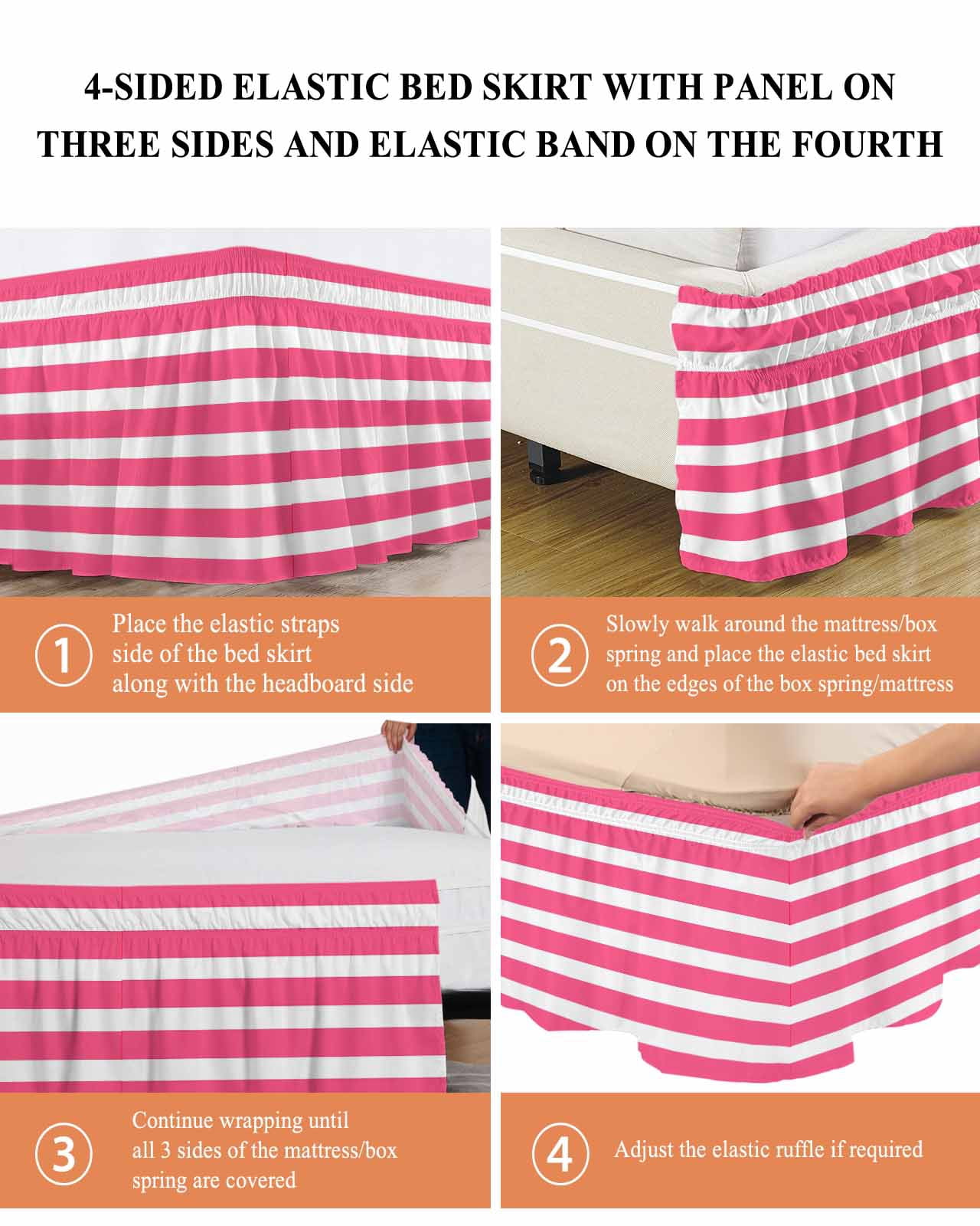 Pink Striped Wrap Around Bed Skirts for King Bed 18" Drop,Bed Skirt with Adjustable Elastic Belt Dust Ruffle Bed Valance for Bedroom Hotel Modern Simple Monochrome Geometric White Bed Frame Cover