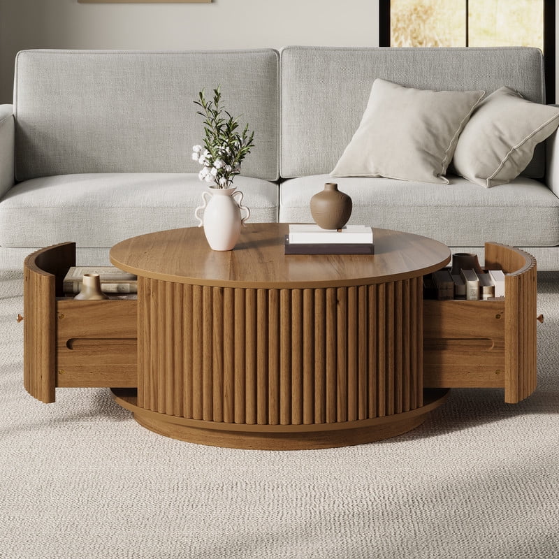 30.3'' Round Fluted Design Coffee Table with Dual Hidden Storage Drawers, Drum Base Center Cocktail Table