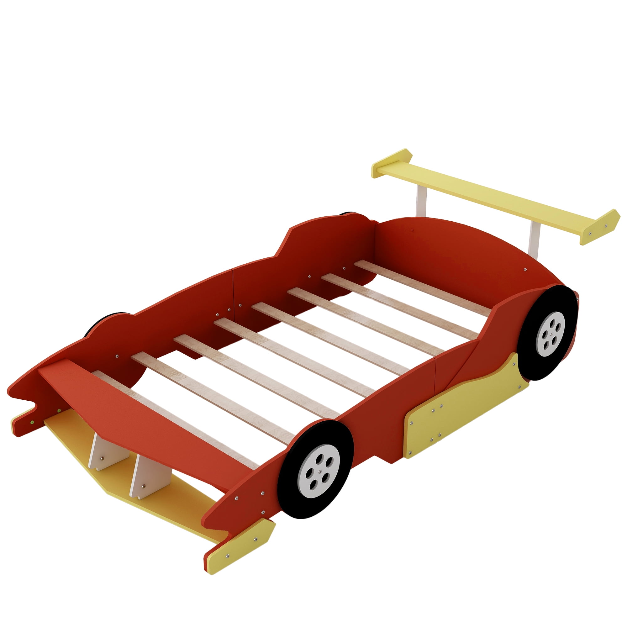Full Size Race Car-Shaped Platform Bed with Wheels, Unique Race Car Design with Side Rails, Sturdy Plywood Construction, No Box Spring Needed, for Bedroom, Red