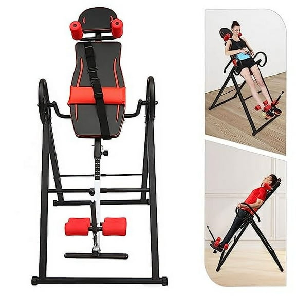 Inversion Table, Foldable Home Gym Pain Relief Fitness, Back Pain Therapy Teeter Relief Extended Ankle Lock Handle, Black/Black＆Red/Blue