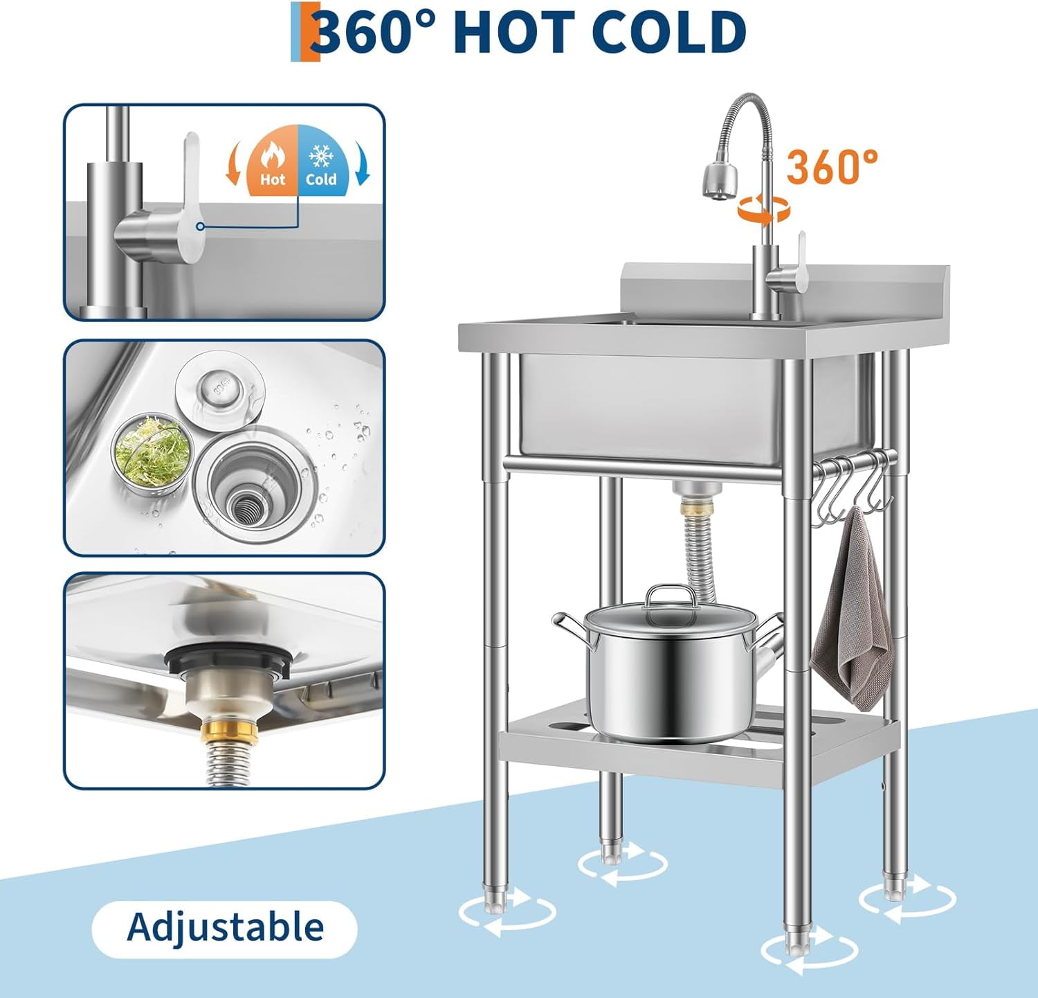 Rugerasy Stainless Steel Utility Sink,Free Standing Single Bowl Kitchen Sink,Adjustable Leg Height,w/Faucet,Hot and Cold Water Pipes,Commercial Laundry Tub,Hook,Storage Shelf for Indoor Outdoor