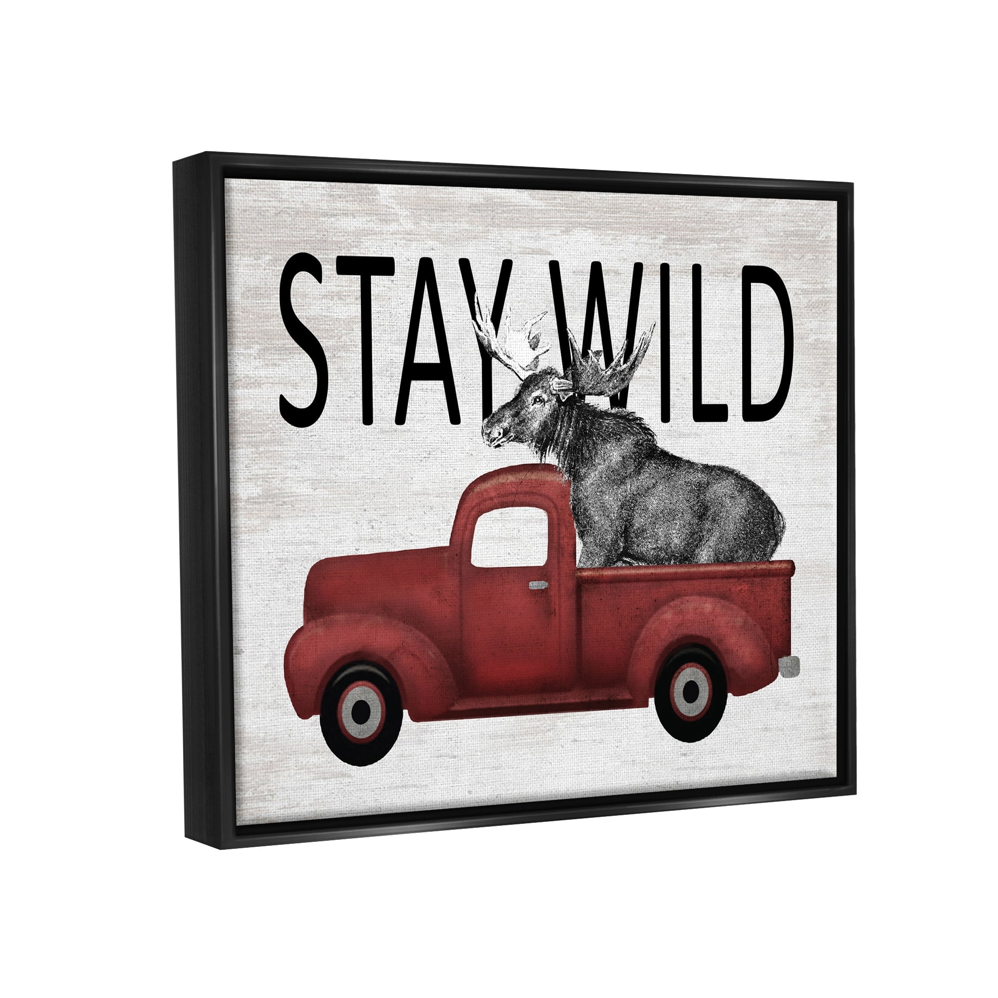Stupell Industries Stay Wild Moose Antique Red Pickup Truck Graphic Art Metallic Gold Floating Framed Canvas Print Wall Art, Design by Lettered and Lined