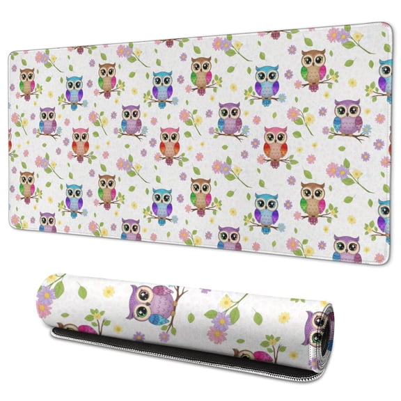 35.4x15.7 Inch Gaming Mouse Pad, Non-Slip Stitched Rubber Desk Mat for Desktop & Laptop,Owl Colorful Floral White Pattern
