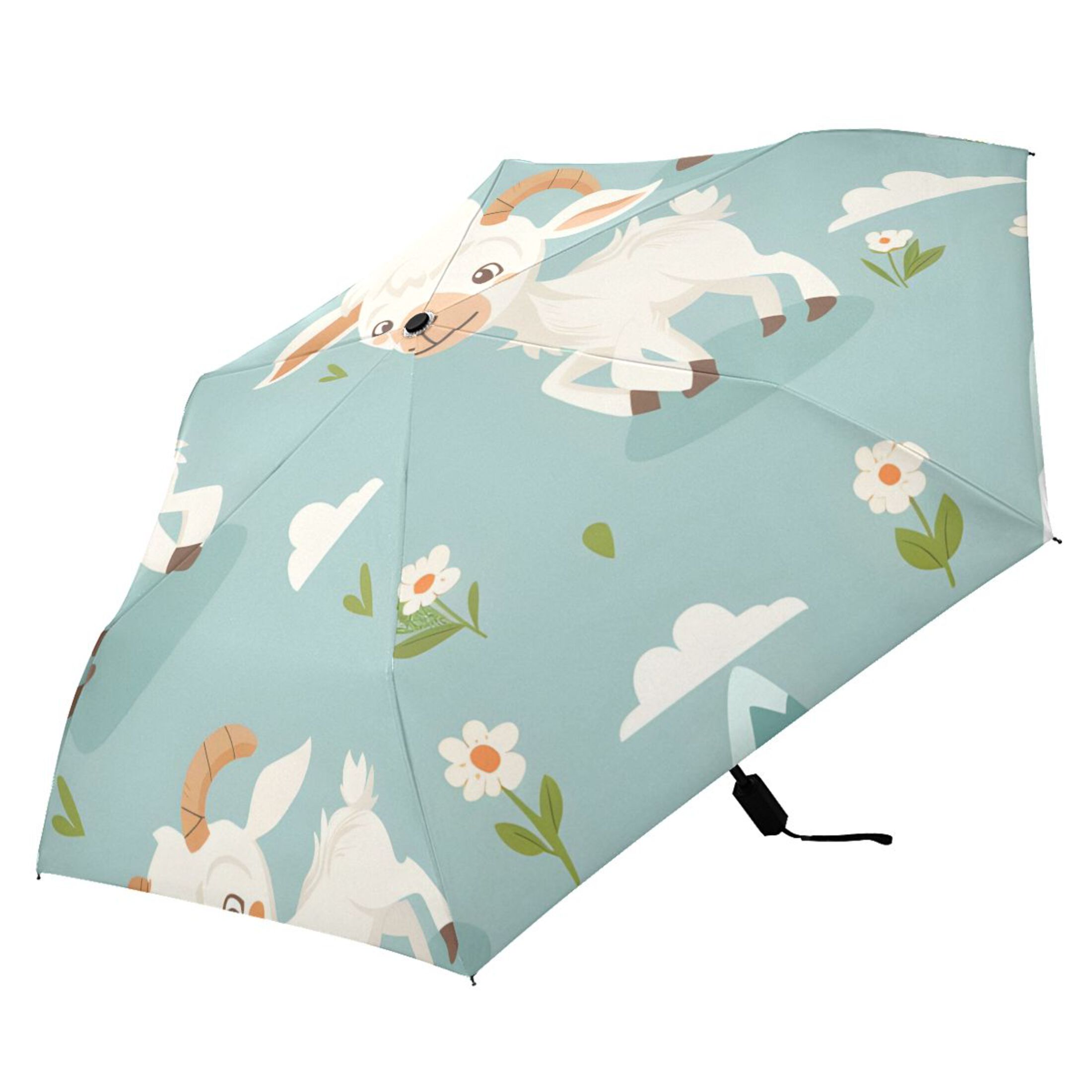 Cartoon Goats Mountains Clouds Flowers All Weather Umbrella Triple Folding Parasol 6 Ribs UV Protection Portable