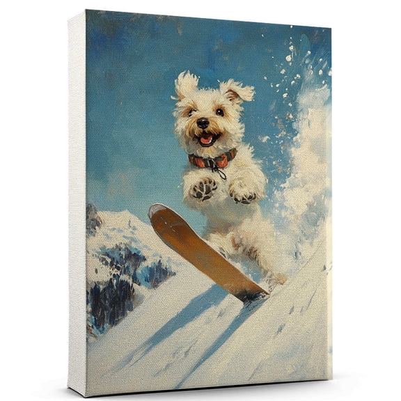 Sealyham Terrier Cute Dog Skiing Stretched Canvas Size 8x12 – Retro Sealyham Terrier Dog Batter in Action With Skiing for Themed Living Room