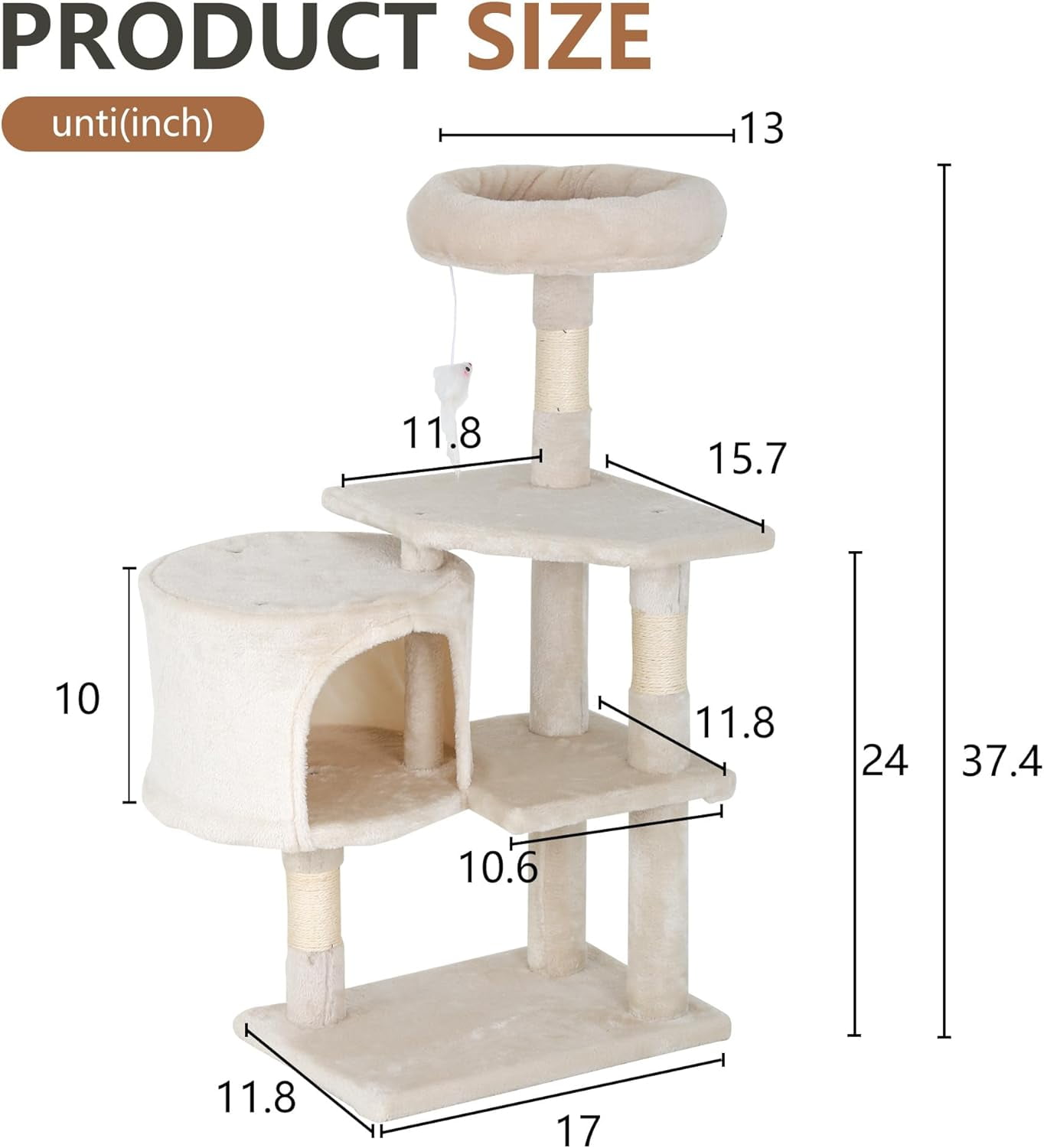 FDW Cat Tree 37 Inch Tall Cat Tower Kitten with Scratching Posts and Perches Indoor Activity Center for Cats (Beige)