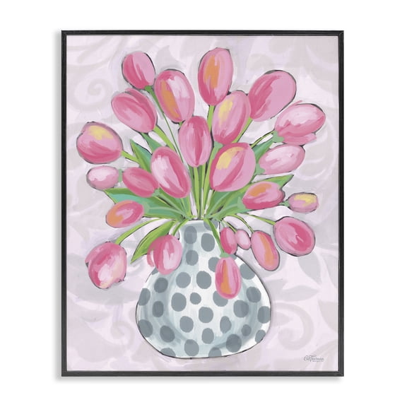 Stupell Industries Round Pink Tulips Botanical & Floral Painting Black Framed Art Print Wall Art, 11 x 14