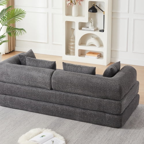 78.9-Inch Convertible Sleeper Sofa, Stain-Resistant Chenille Folding Mattress, DIY Modular Floor Lounge with Removable Armrests, Grey