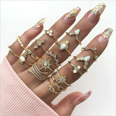 Summer Clearance Rings for Women 14K Gold Diamond Ladies Ring Metal Ring Glossy Ring 17 Piece Set Metal Ring Holiday Gift