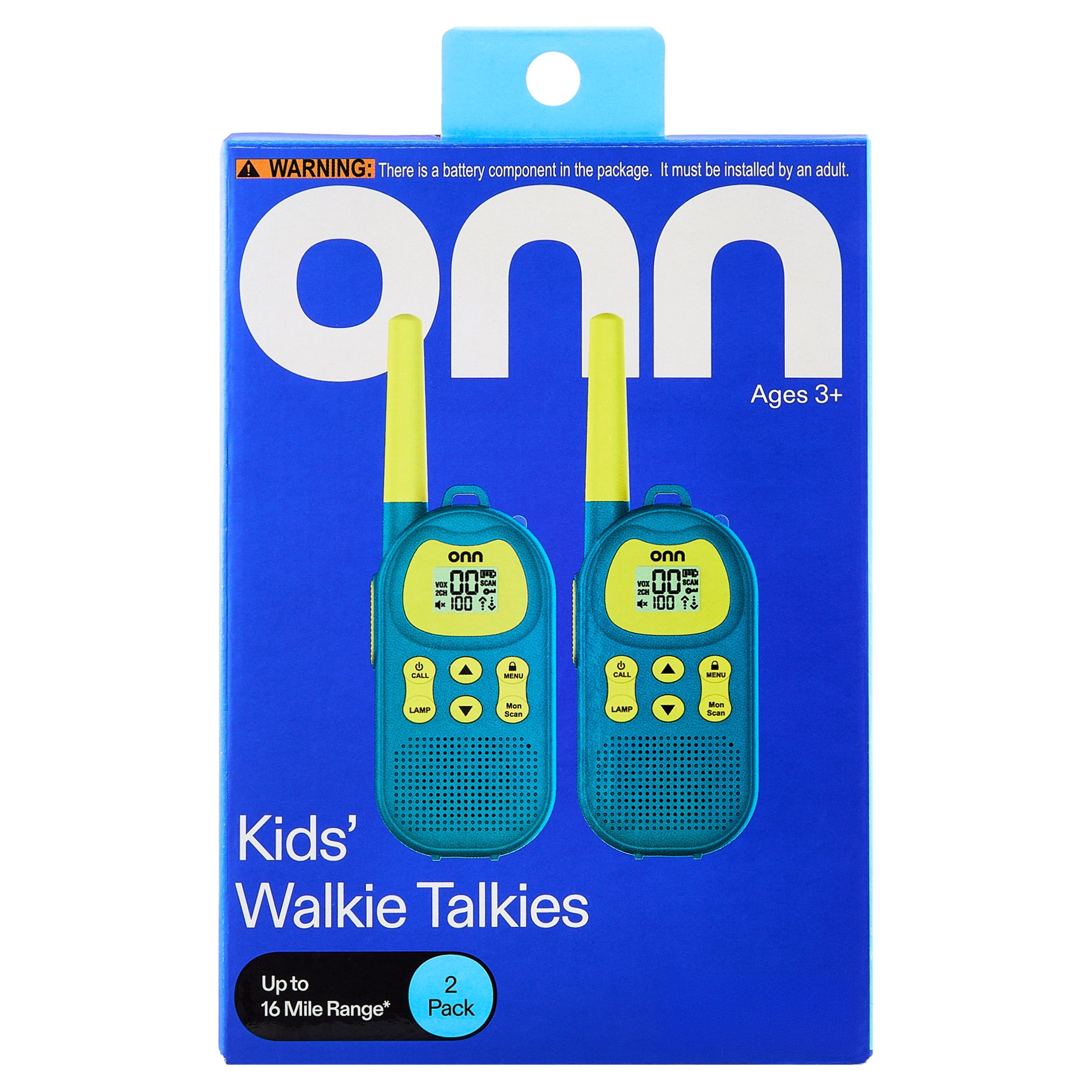 onn Kids' Walkie Talkies, Up to 16 Mile Range, 22 Channels, LED Flashlight, 2 Pack