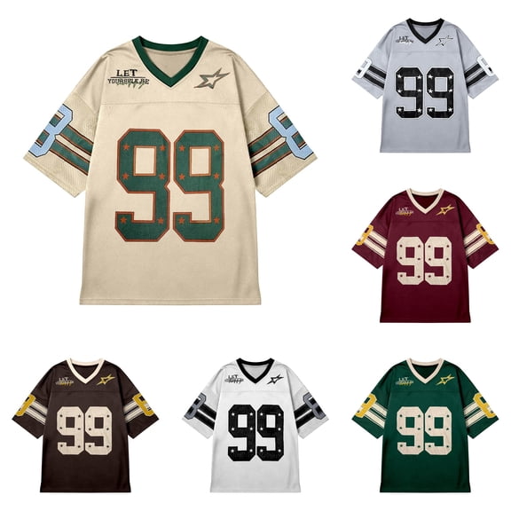 Trendfront Womens Number 99 Graphic Football V Neck Short Sleeve Oversized Fit Stripe Game Day Football Fan Match Day Athletic Sports Top