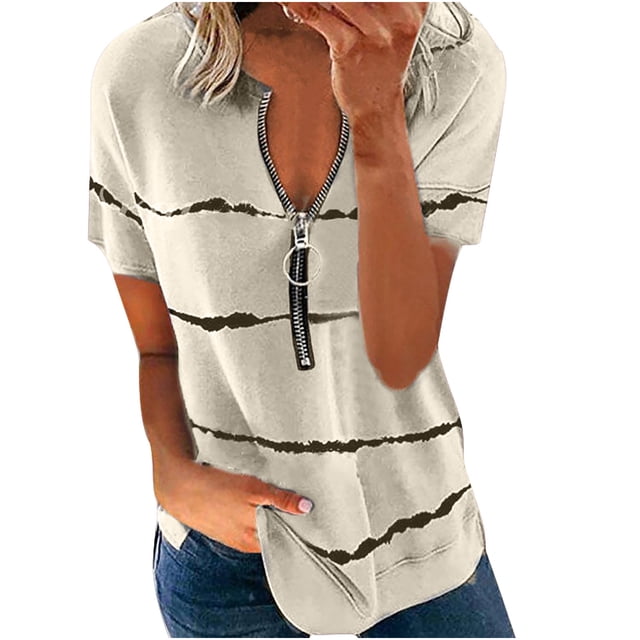 Leutsin T-shirt Blouse à Manches Courtes à Col en V pour Femmes Grande Taille avec Fermeture Éclair et Imprimé à Rayures