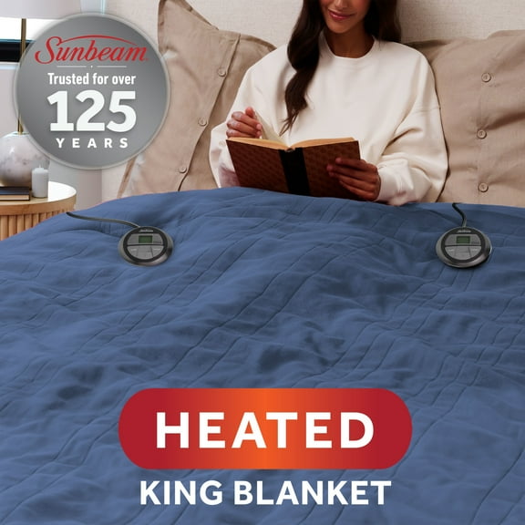 Sunbeam Heated Blanket Nordic Plush Blue 10 Heat Settings 10-Hour Auto Off King 100"x90"