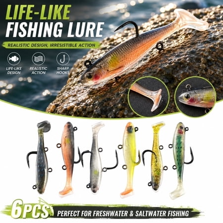 Soft Swimbaits with Realistic Fish Profile & T-Tail Action - Lifelike Scale Texture Integrated Lead Head for Long Casting - Ideal for Bass Trout Pike in Freshwater and Light Saltwater