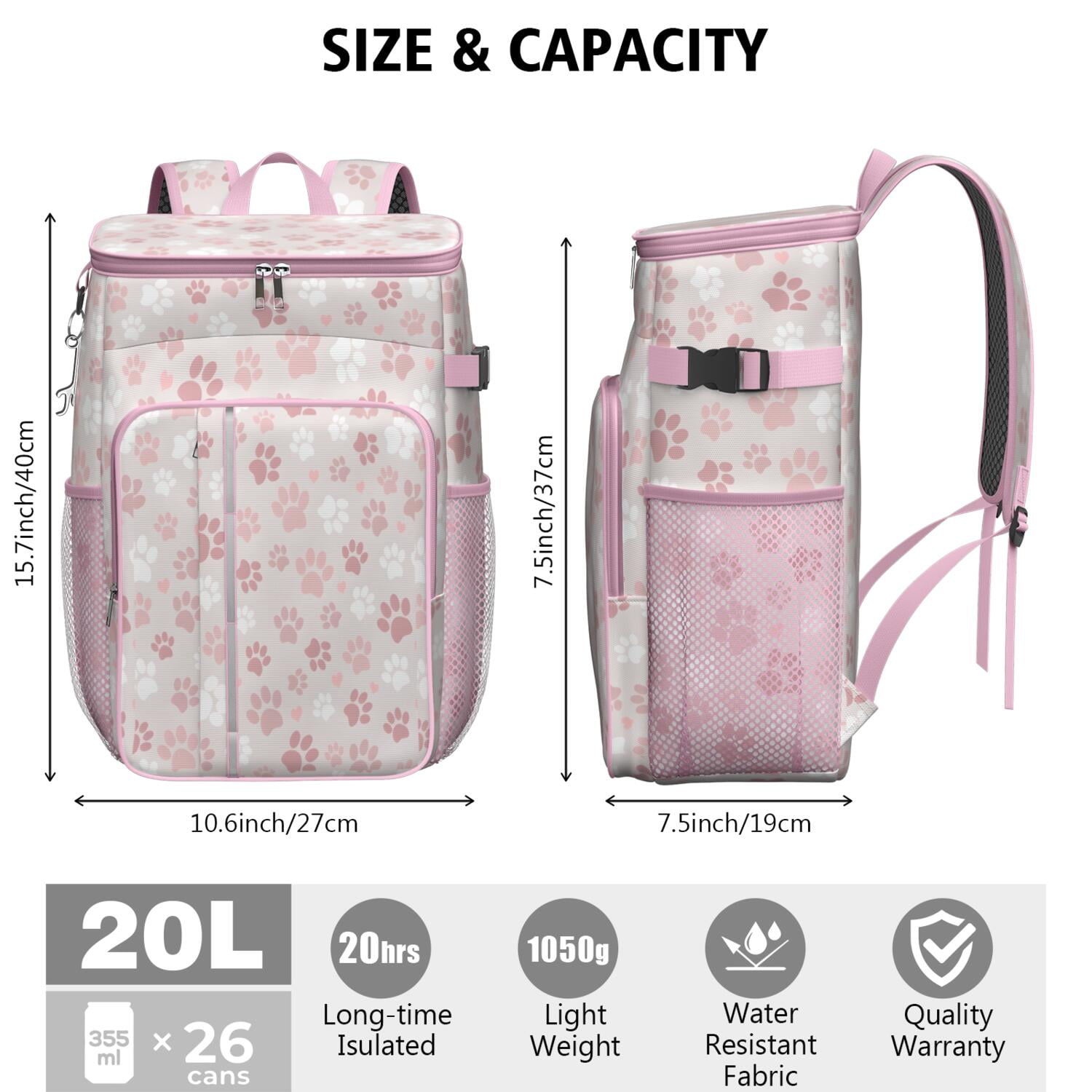 Travel Cooler Bag - Pink Dog Paw Camping Beer Cooler Backpack with Bottle Opener- Waterproof Insulated Picnic Backpacks - Cooler Bag for Beach