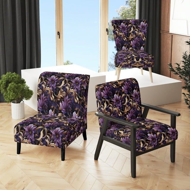 Designart "Regal Damask In Gold And Purple II" Purple Marble Upholstered Accent Chair - Glam Arm Chair For Living Room