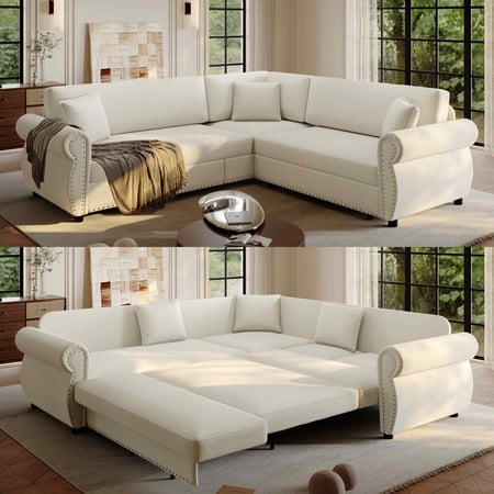 FFH 88.2" Sectional Sofa with Pull Out Bed, Convertible Sleeper Sofa, 5 Seater Chenille Couch for Living Room, Beige