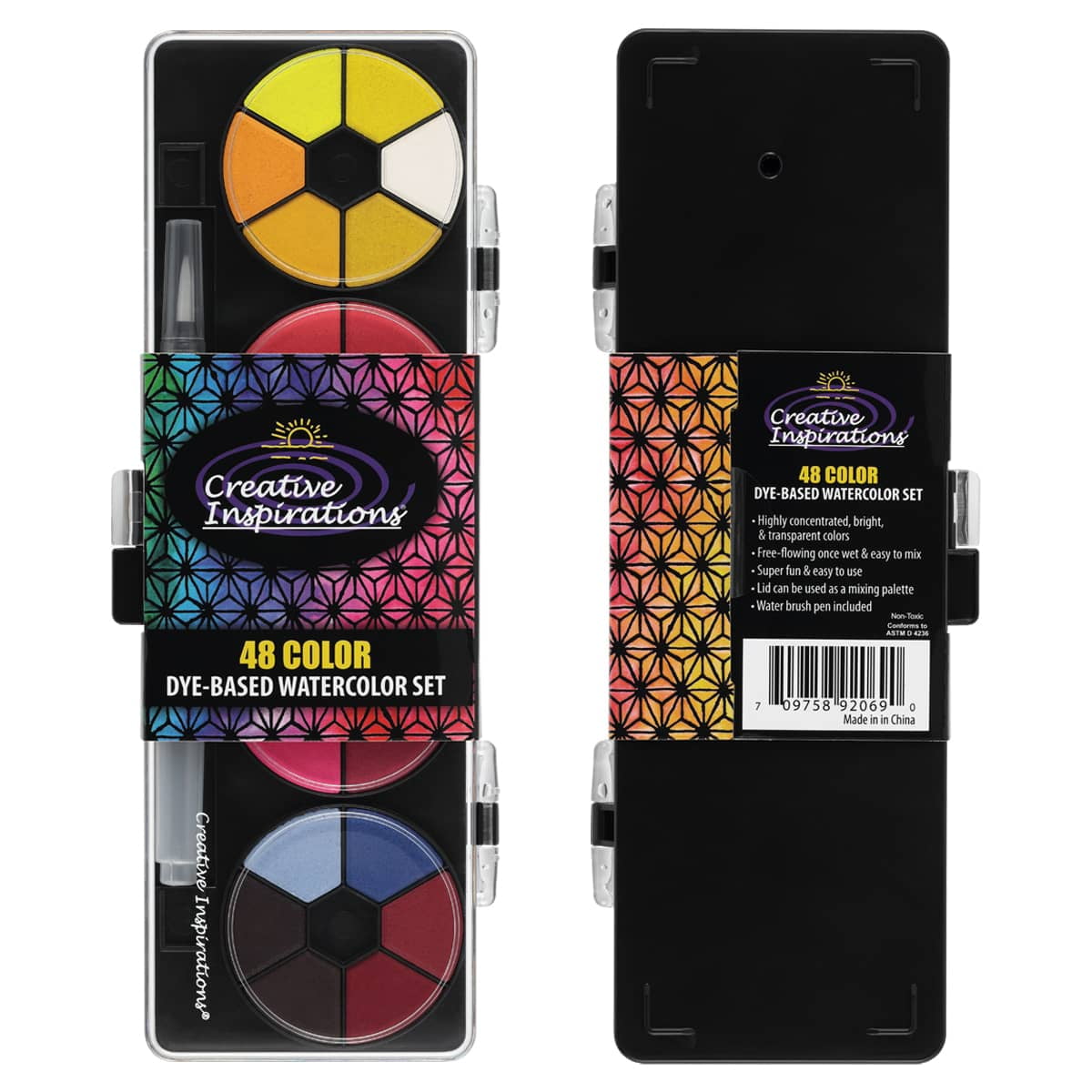 Creative Inspirations Professional Watercolor Paint Set - 48 Dye-Based Watercolor Paints for Adults - Compact, Vibrant, Travel-Friendly Set with Water Brush Pen and Mixing Lid