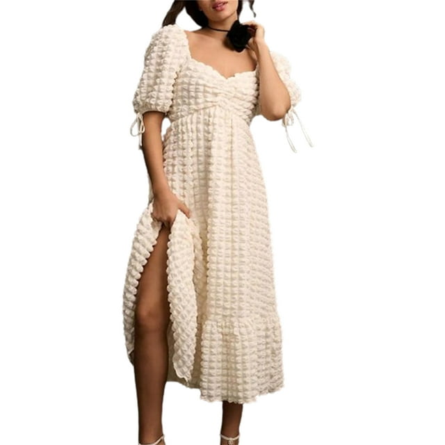 Wangsaura Women's Puff Sleeve Midi Dress Bubble Textured Smocked Sweetheart Neck Ruffled Flowy Dresses